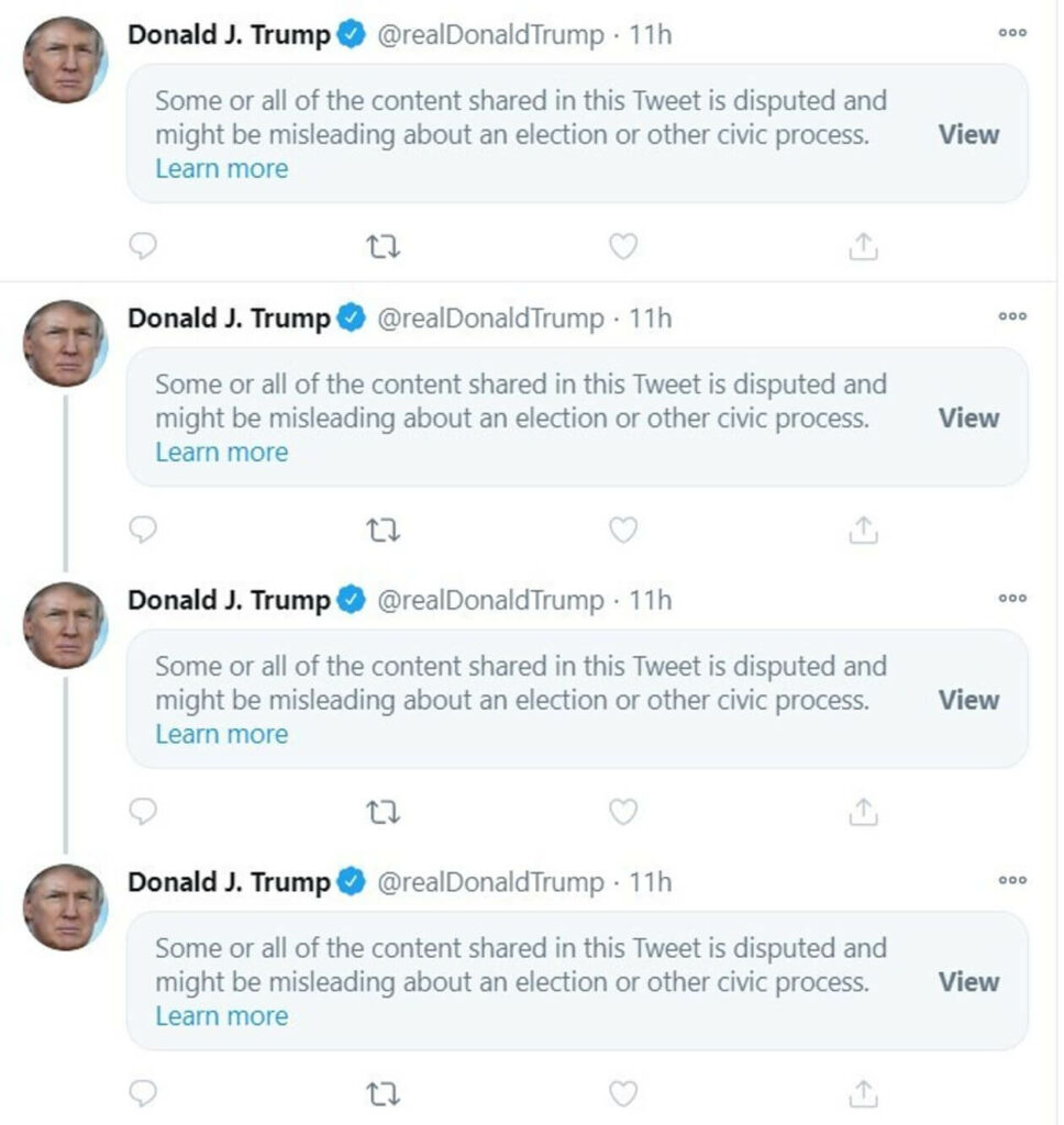Donald Trump droht die Sperre unter Anderem wegen diesen geflaggten Tweets.