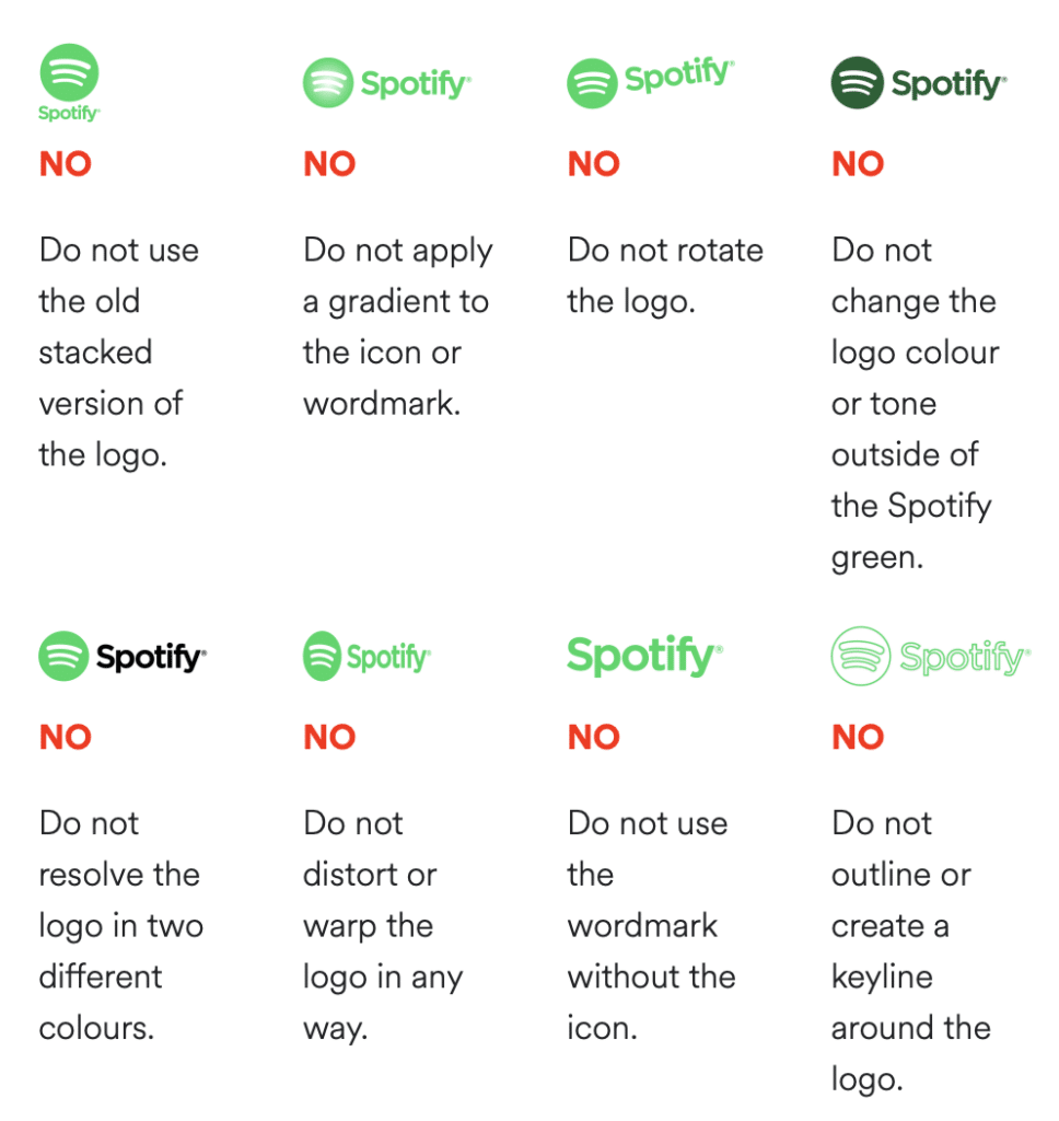 Unerlaubte Anwendungen des Spotify-Logos laut Corporate Design Manual.