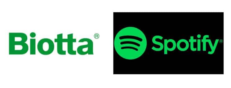 Die grünen Logos von Biotta und Spotify deuten auf Natur und Zufriedenheit hin.