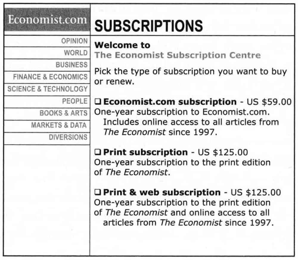 Die Wochenzeitung The Economist nutzt den Decoy-Effekt um den Kunden ein teureres Angebot zu verkaufen.