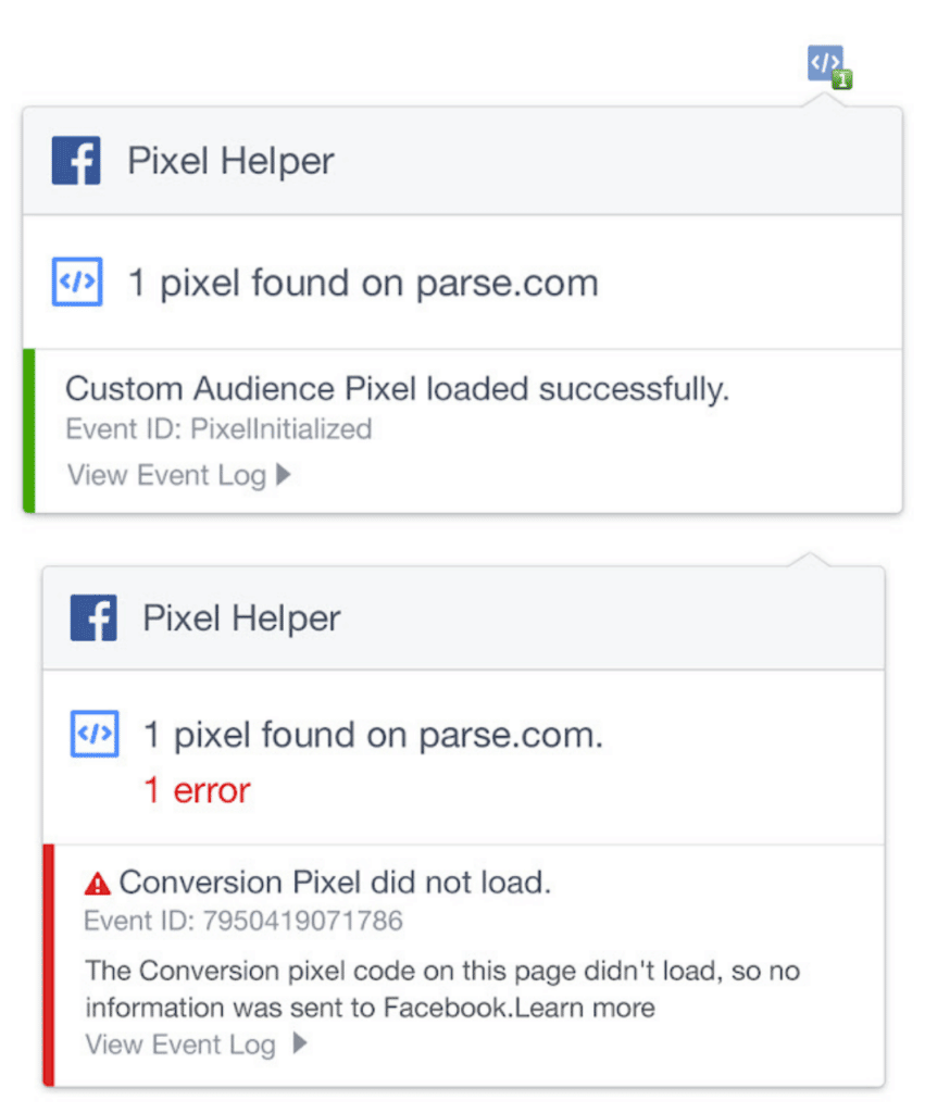 Screenshot der Chrome Extension Facebook Pixel Helper, der Pixel auf Webseiten erkennt und zeigt, ob diese fehlerfrei sind.