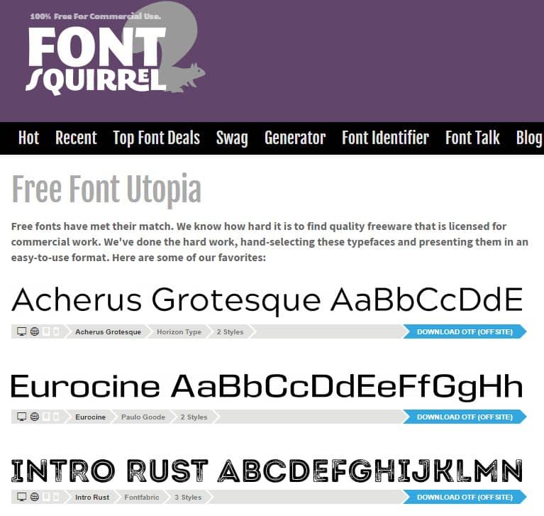 Font Squirrel Webseite, auf der man diverse Schriftarten gratis downloaden kann.