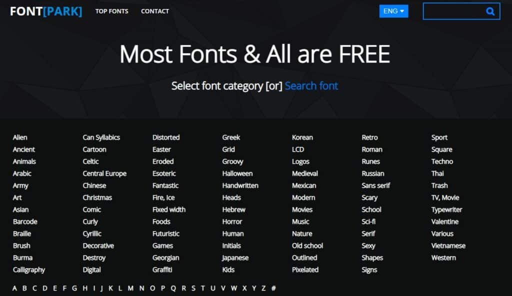 FontPark Webseite, auf der man diverse Schriftarten gratis downloaden kann.