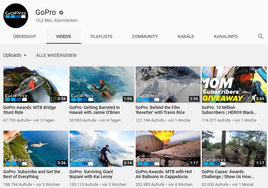 YouTube Kanal von GoPro der auf User Generated Content setzt.