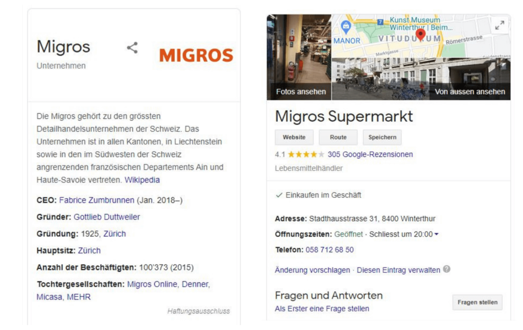 Einträge von Migros auf Google My Business mit den Bewertungen von Kunden.