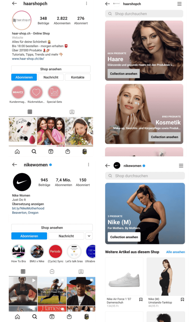 Instagram Shop von haarshop und Nike Women zeigen auf, wie man E-Commerce auf Social Media betreiben kann.
