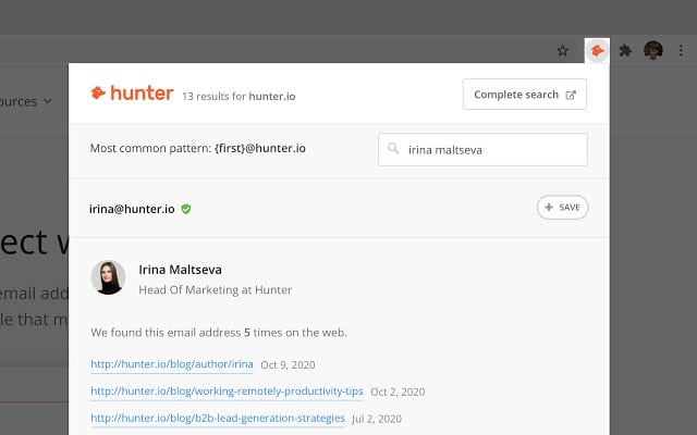 Screenshot der Chrome Extension Hunter, mit der man die E-Mail-Adressen auf einer Webseite auf einen Blick sieht.
