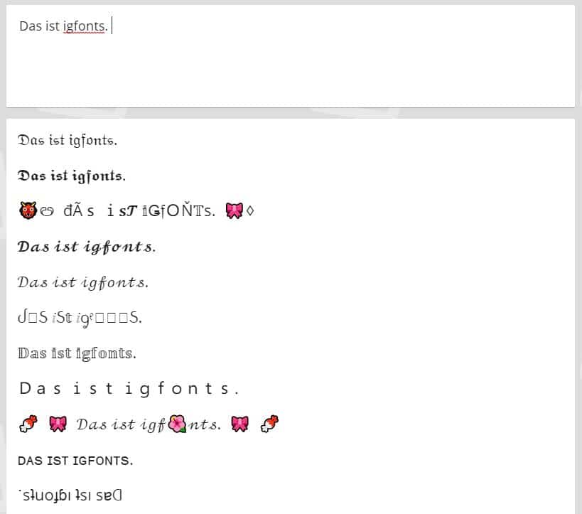 Screenshot von der Webseite IGFonts, die verschiedene Schriftarten für Social Media Bios und Posts zur Verfügung stellt.