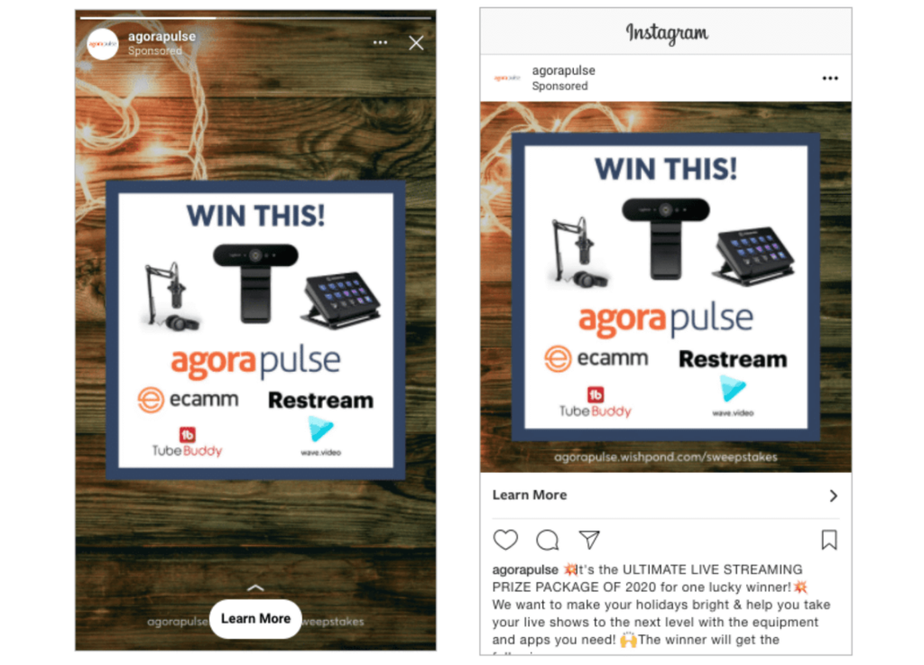 Instagram Feed Ad und Instagram Story Ad aus dem Experiment von agorapulse.