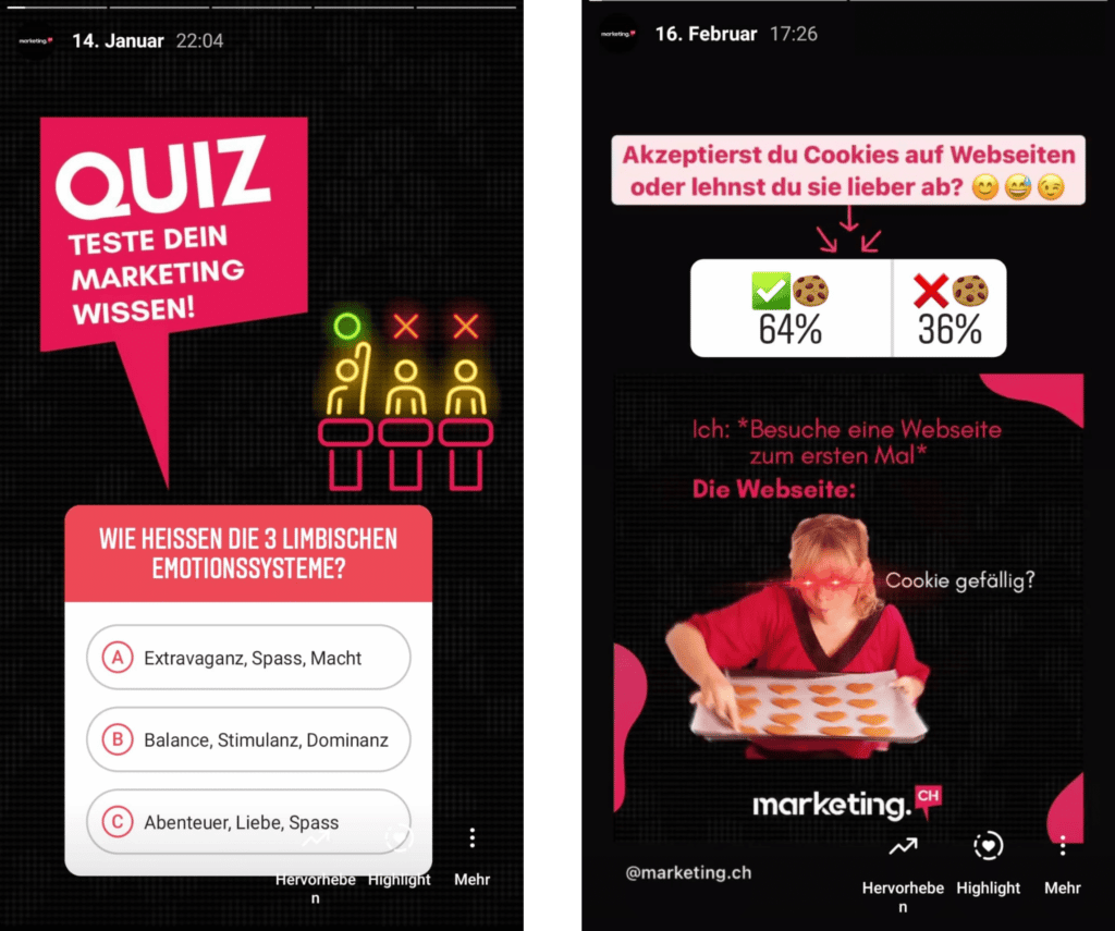 Beispiele von Instagram Stories von Marketing.ch mit der Quiz- und der Abstimmungsfunktion.