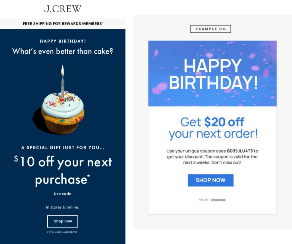 Automatisierte E-Mails können genutzt werden, um Geburtstagsgrüsse zu verschicken, wie dies auch J.Crew tut.