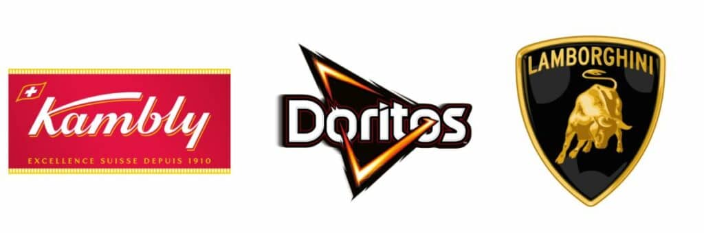 Krambly, Doritos und Lamborghini sind eckige Logos (Viereck und Dreiecke).