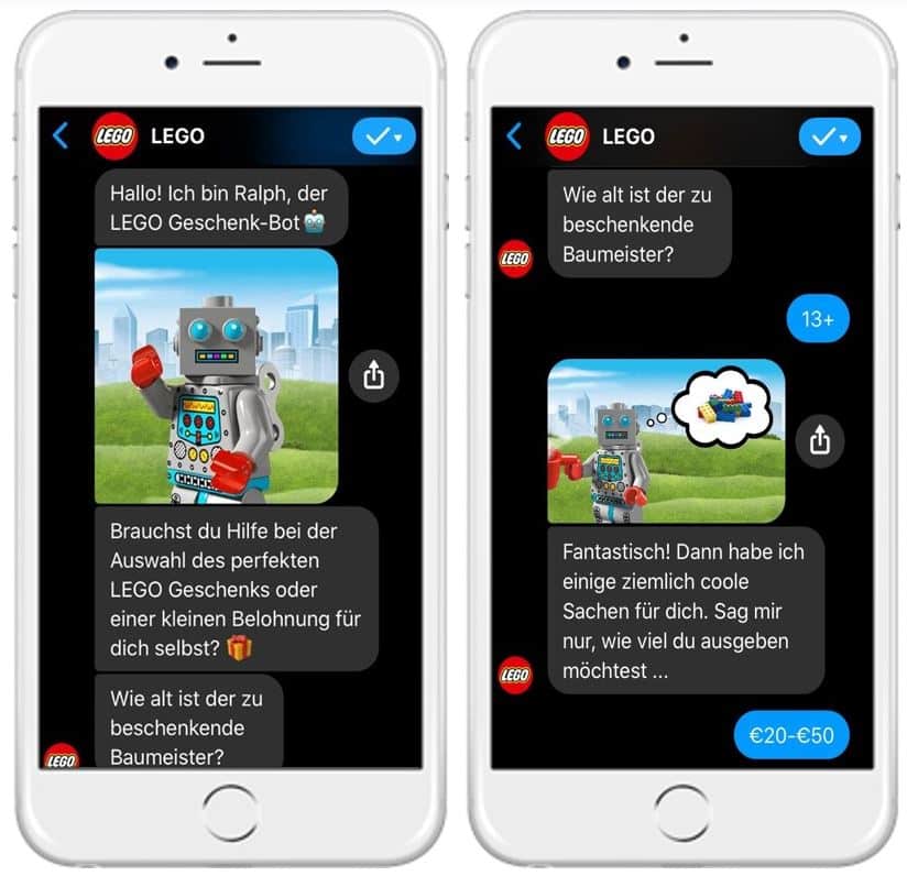 Mit Ralph bietet Lego den Facebook Usern einen Chatbot an, um Lego-Setz einzukaufen.