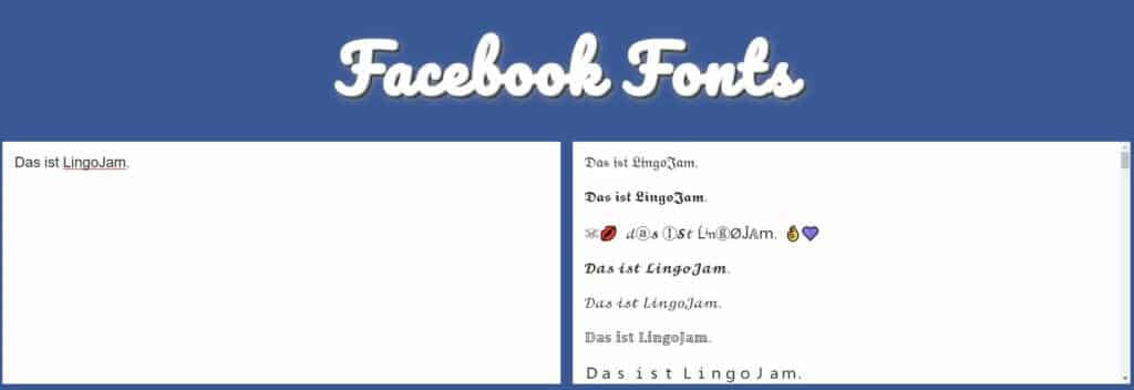 Screenshot von der Webseite Lingojam, die verschiedene Schriftarten für Social Media Bios und Posts zur Verfügung stellt.