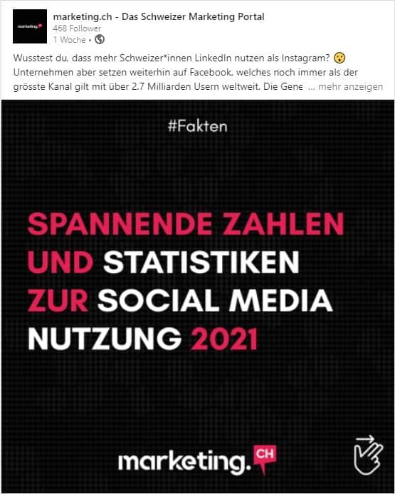 LinkedIn Screenshot von Marketing.ch, der Post mit Statistik zeigt