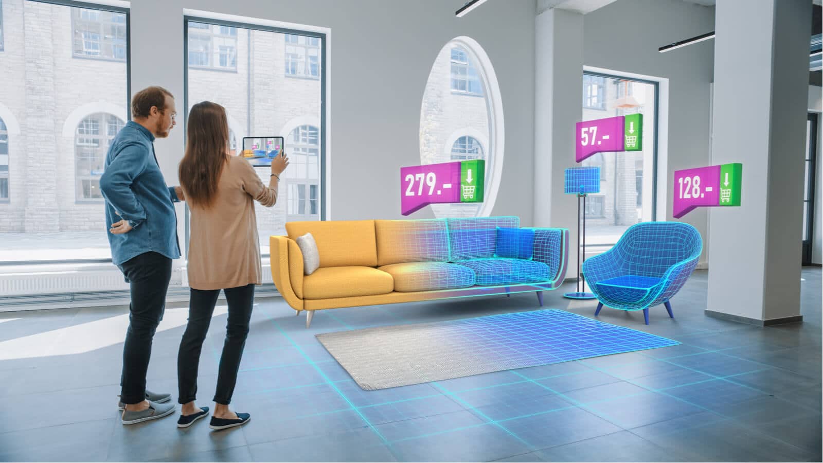 Ein Mann und eine Frau kaufen Möbel aus einem Online-Shop mit Augmented Reality.