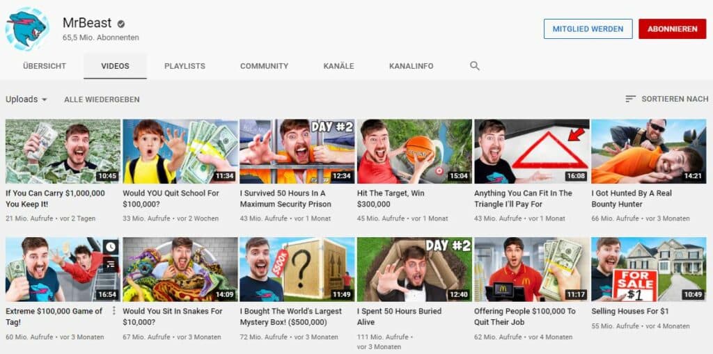 YouTube-Kanal von MrBeast, dessen Thumbnails alle sein Gesicht zeigen.