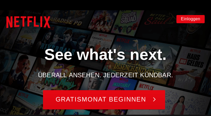 Call-to-Action Gratismonat beginnen auf der Webseite von Netflix.