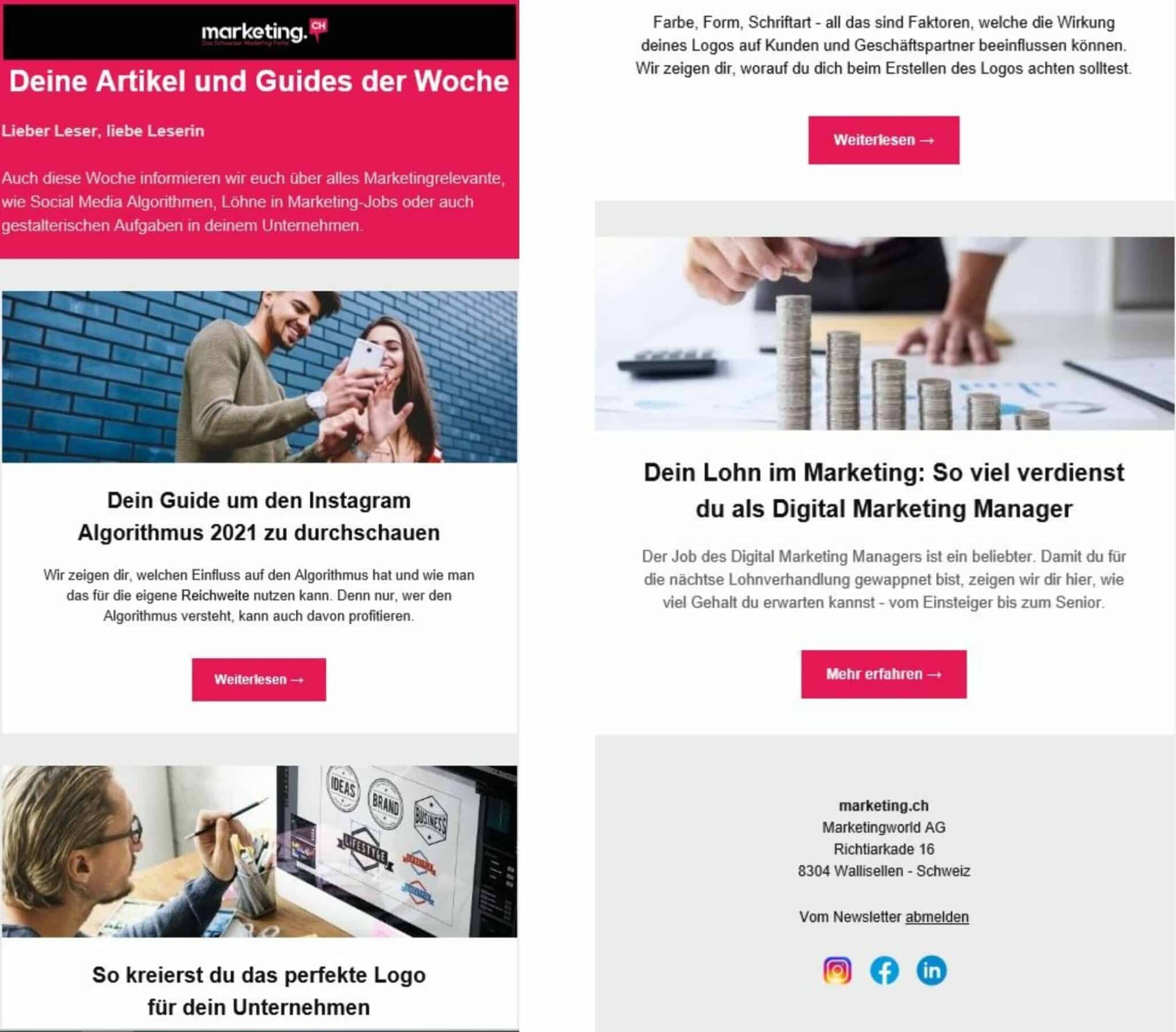 Zweiter Versuch eines Marketing.ch Newsletters, hergestellt mit der gratis Applikation Swiss Newsletter.