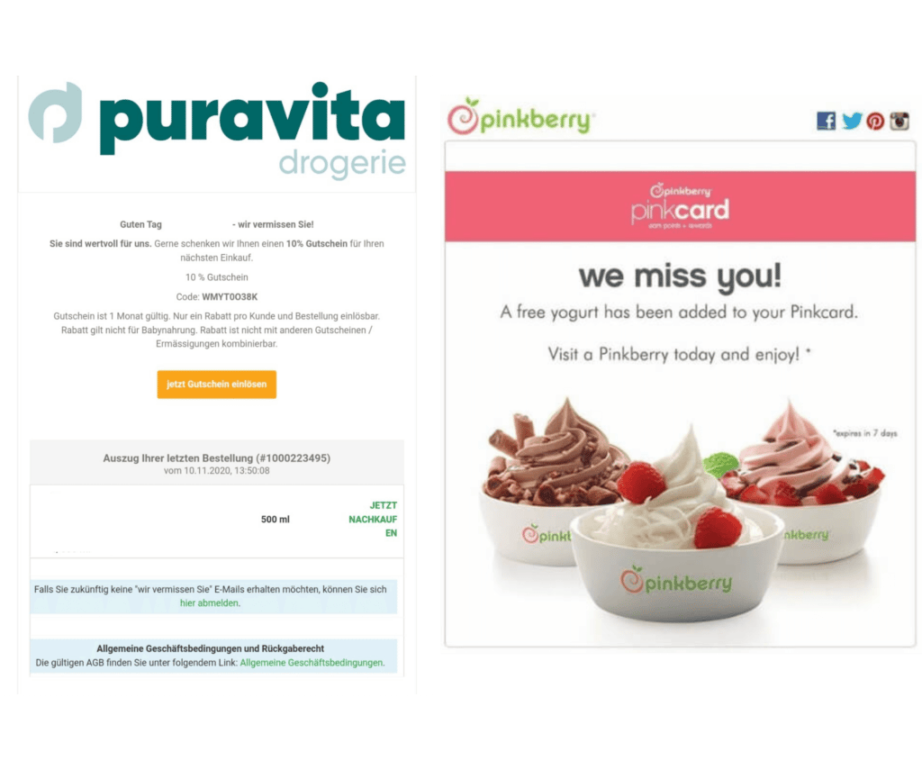 E-Mails von Puravita und Pinkberry, die Re-Engagement Kampagnen mit automatisierten E-Mails fahren.