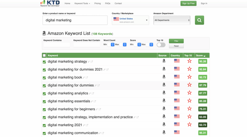 Ergebnisse für den Score der Keyword -Variationen von «Digital Marketing» auf Amazon.