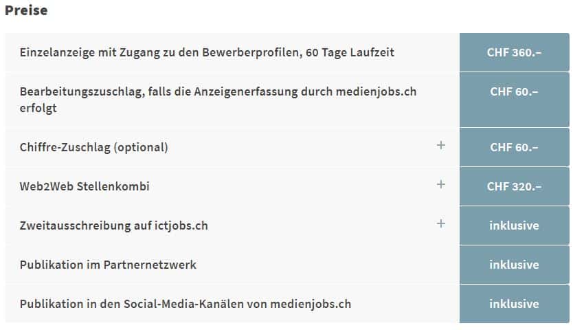 Screenshot des Stellenportals medienjobs.ch und die Preise für eine Inserierung.