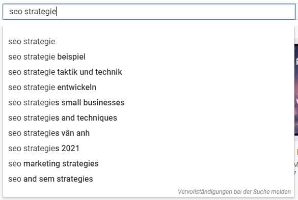 YouTube-Suche nach SEO-Strategie ergibt einige Keywords, die hilfreich sein können für Marketer.