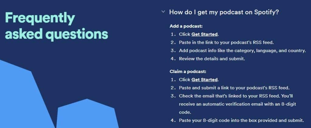FAQ von Spotify Podcast darüber, wie man einen Podcast auf Spotify laden kann.