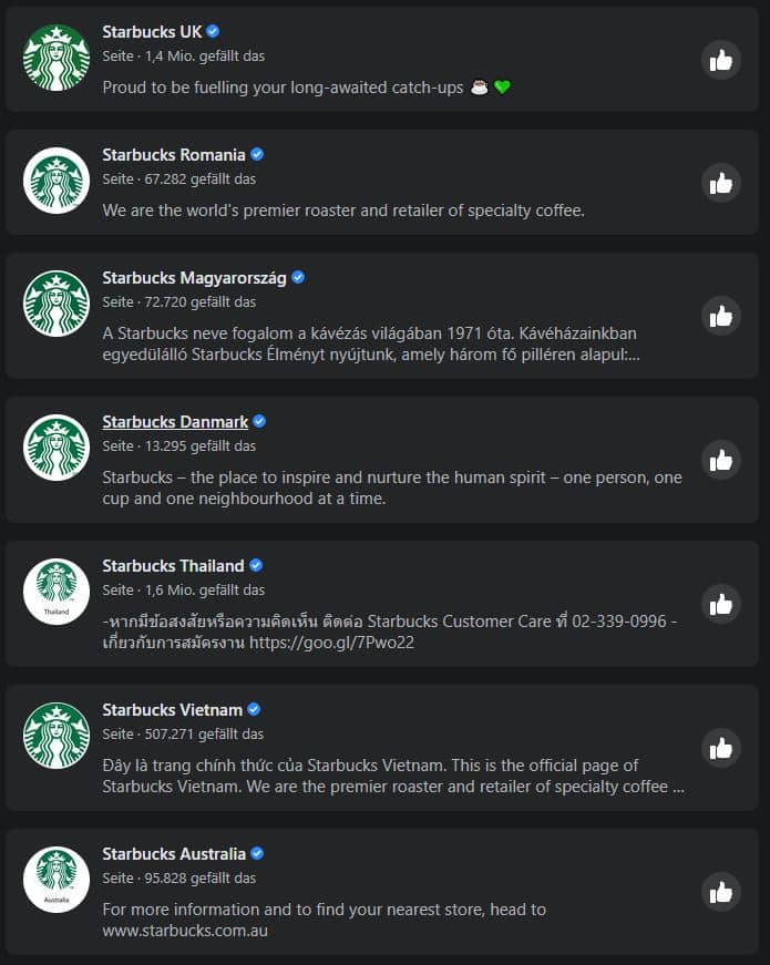 Starbucks hat auf Facebook einzelne Pages für jedes Land anstatt Global Pages.