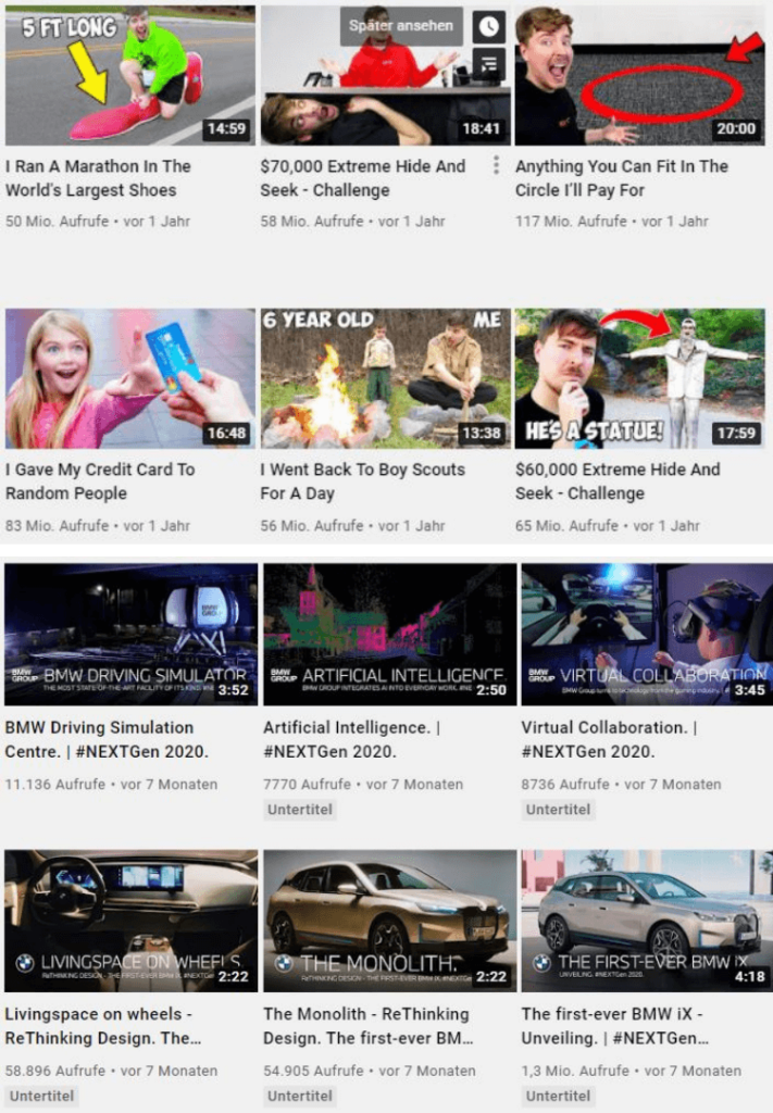 Vergleich der Thumbnails auf YouTube von Mr. Beast und BMW.