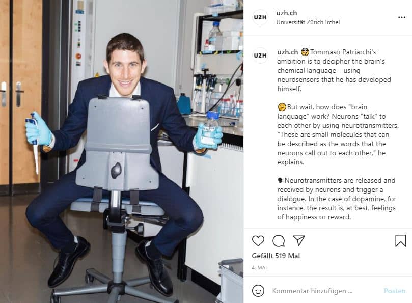 Instagram Post der UZH mit Tommaso Patriarchi, Assistenzprofessor am Institut für Pharmakologie und Toxikologie an der Uni Zürich.