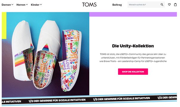 Die Homepage von TOMS zeigt deren Unity-Kollektion, welche die Werte des Unternehmens repräsentiert.