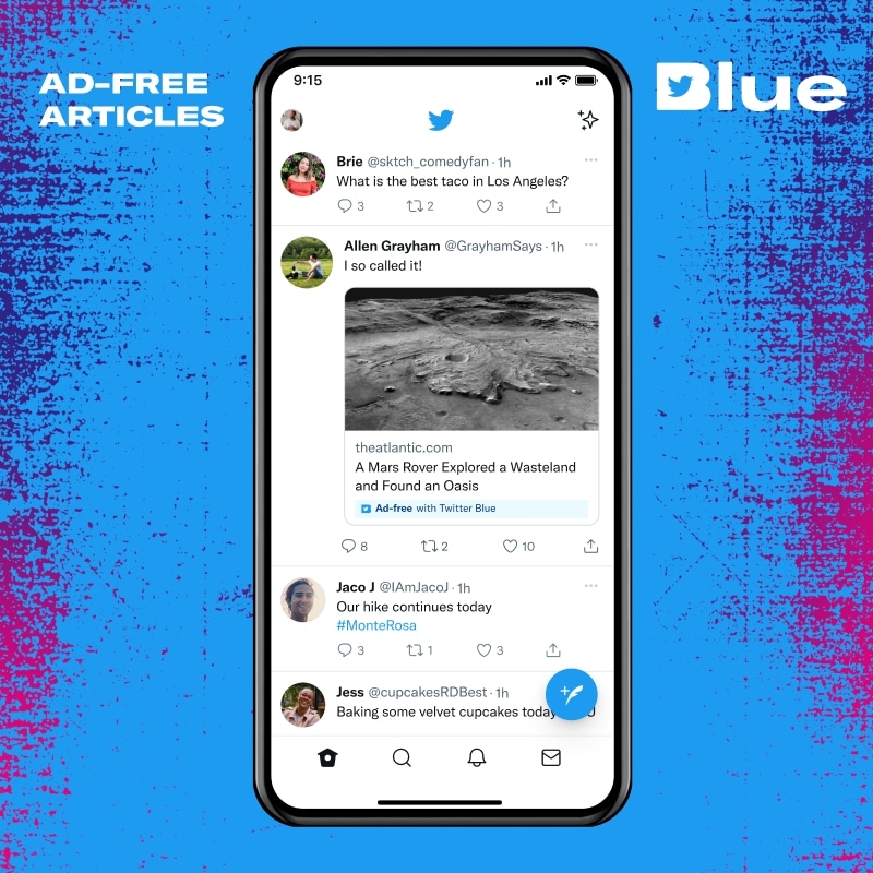 Werbefreie Artikel auf Twitter Blue.