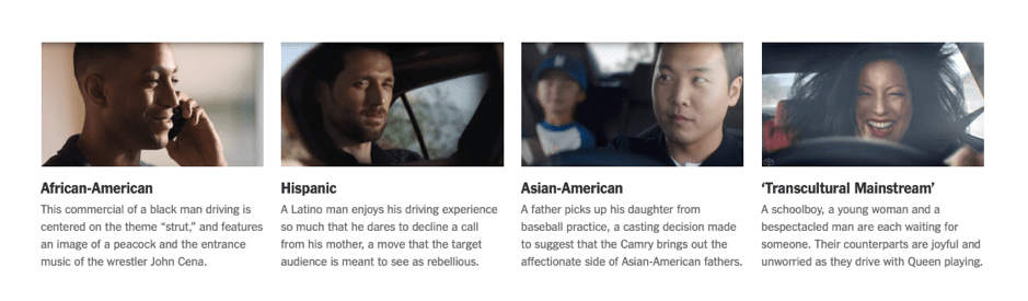 Verschiedene Werbungen für ein Auto mit verschiedenen Protagonisten sorgen für kulturelles Marketing.