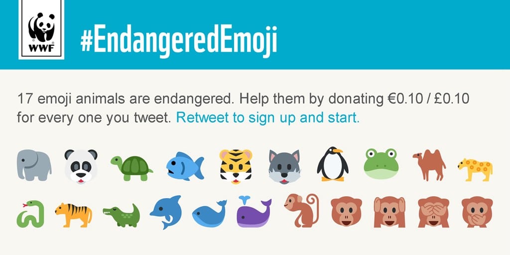 WWF Emoji Kampagne, die Twitter User zum Spenden für bedrohte Tierarten aufruft.
