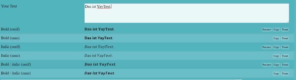Screenshot von der Webseite YayText, die verschiedene Schriftarten, wie fettgedruckt oder kursiv, für Social Media Bios und Posts zur Verfügung stellt.