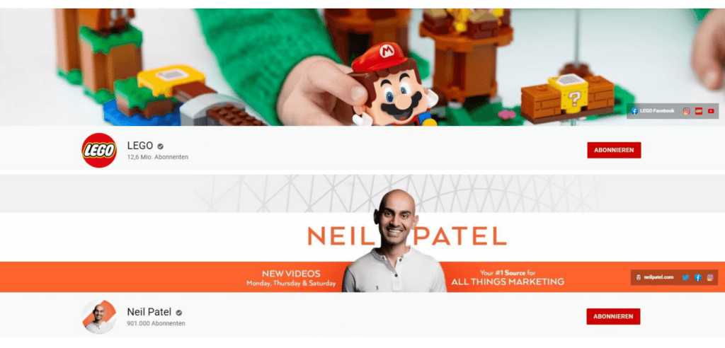 YouTube Banner und Profilbild von den Kanälen von Neil Patel und LEGO.