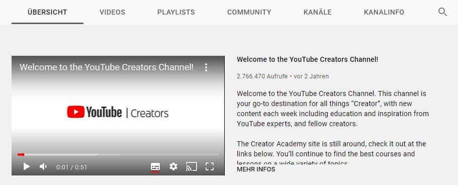 Channel Trailer auf dem Kanal von YouTube Creators.