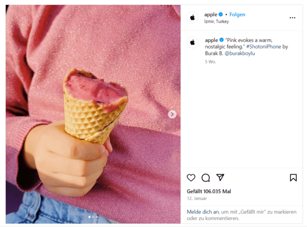 Ein Social-Media-Post von Apple, in dem man eine Kinderhand sieht, die eine Eiscremetüte hält.